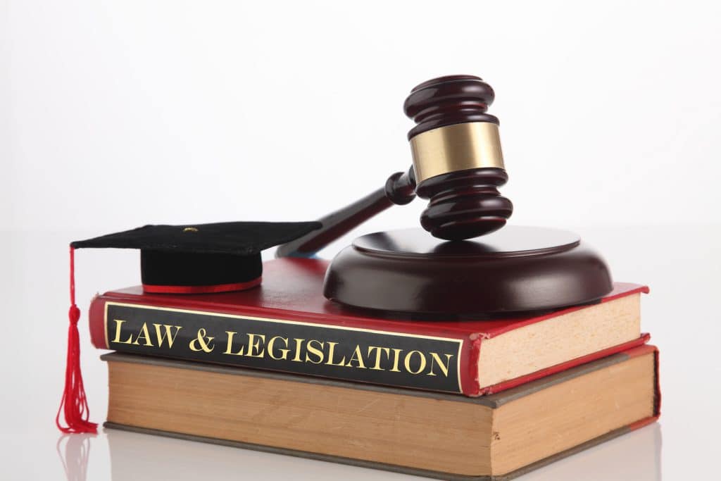 Judge's gavel and graduation cap resting on a Law and Legislation book